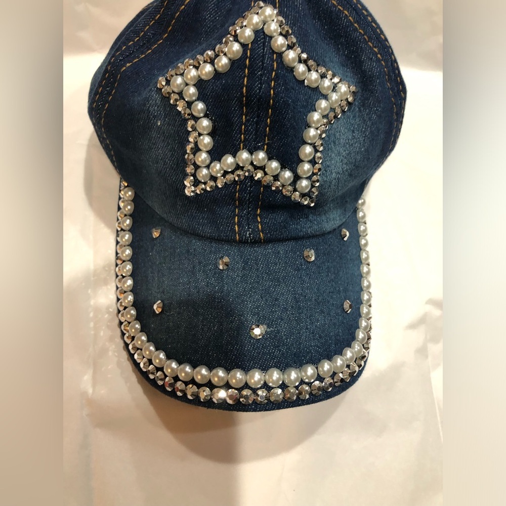 Blue denim pearl & rhinestone bling star shaped bedazzled baseball cap new